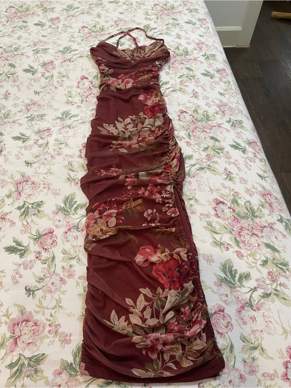 Windsor Burgundy Floral Ruched Midi Dress